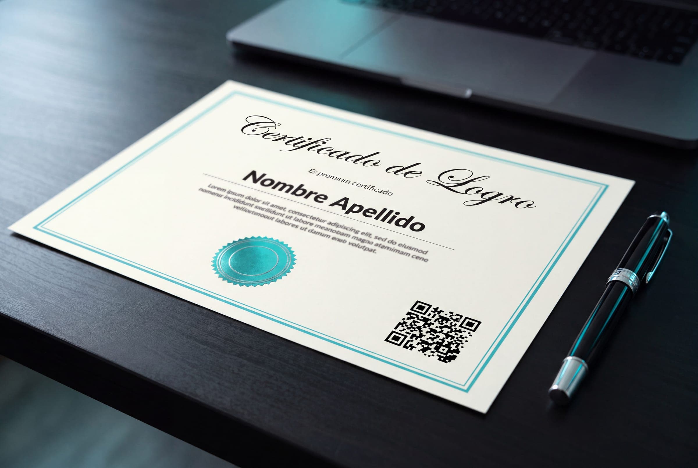 Certificado ilustrativo con sello y código QR de verificación