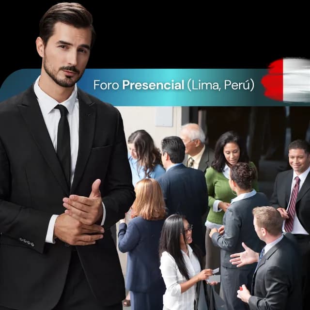 Arte del Foro Peruano de Compliance, con un grupo de ejecutivos en un evento presencial en Lima
